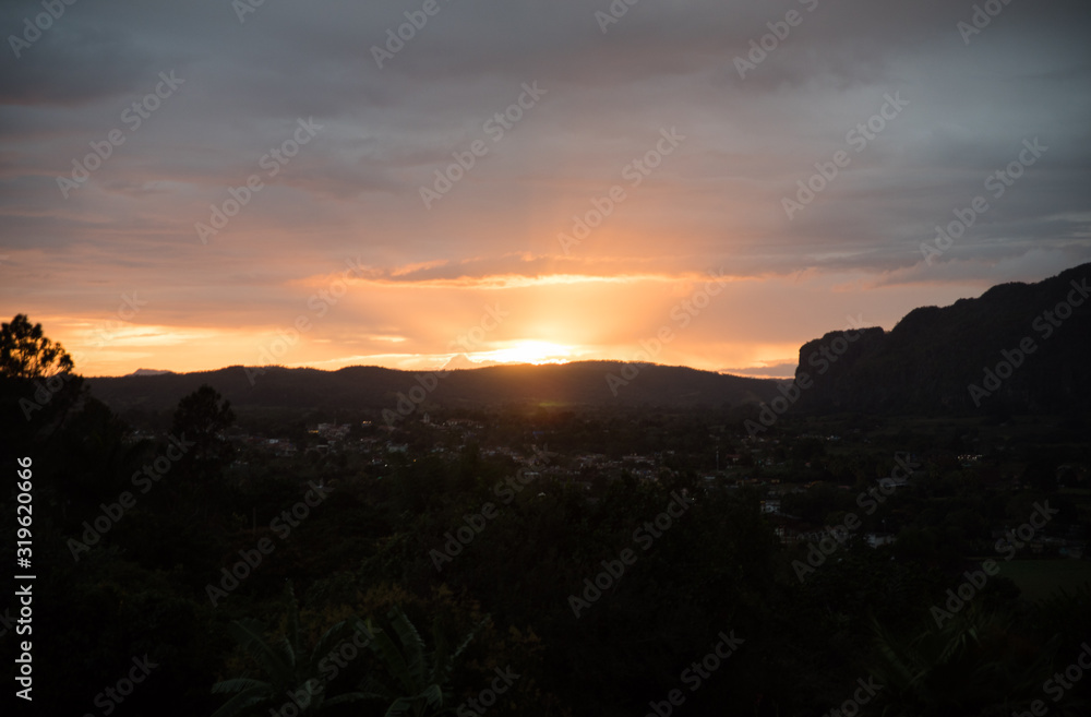 Sunset over the mountains in Vinales, Cuba. 