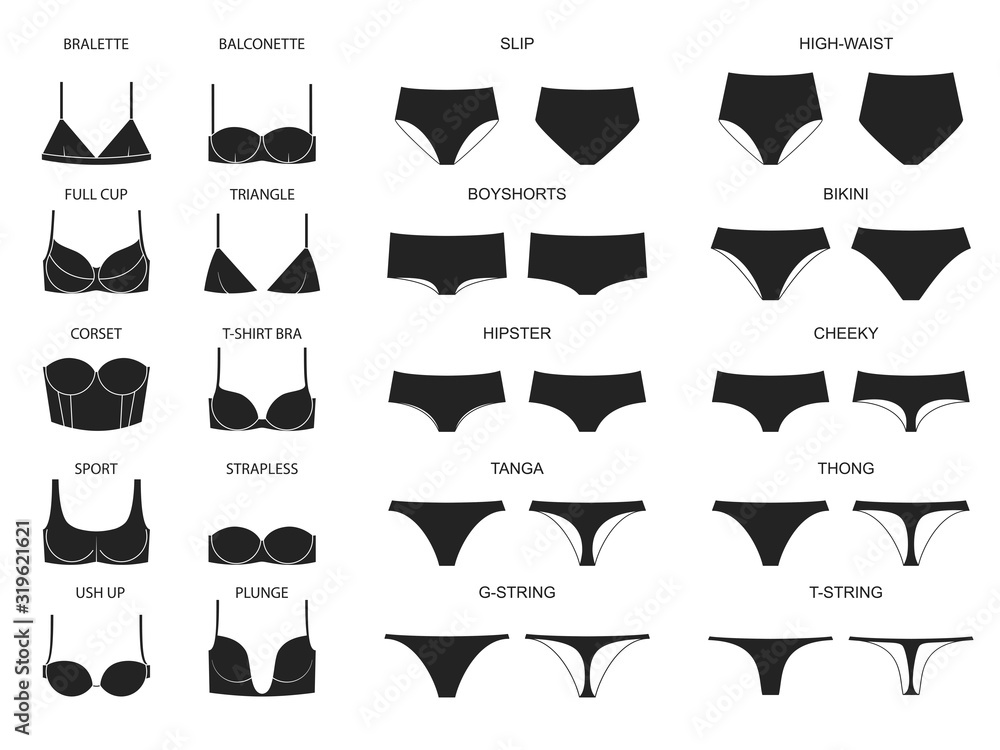Vetor de Types of women's panties and bras. Set of underwear. Vector  illustration do Stock