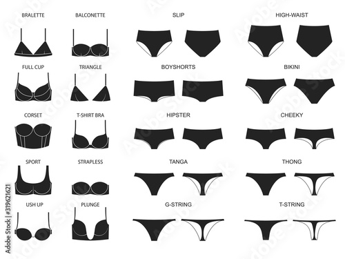 Types of women's panties  and bras. Set of underwear. Vector illustration