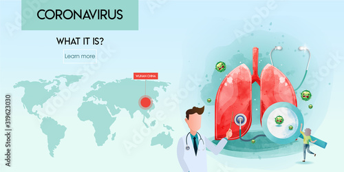 Human lung anatomy. Internal organ transmission coronavirus concept. Cartoon character, white and blue background for web and medical apps. Vector illustration.