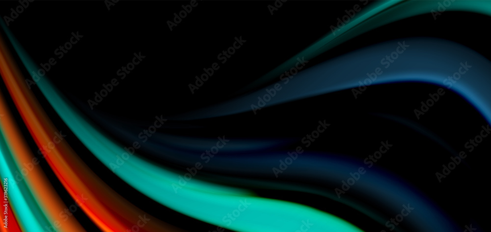 Abstract silk smooth lines on black, multicolored liquid fluid rainbow style waves on black Abstract silk smooth lines on black, multicolored liquid fluid rainbow style waves on black