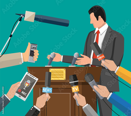 Public speaker. Rostrum, tribune and hands of journalists with microphones and digital voice recorders. Press conference concept, news, media, journalism. Vector illustration in flat style
