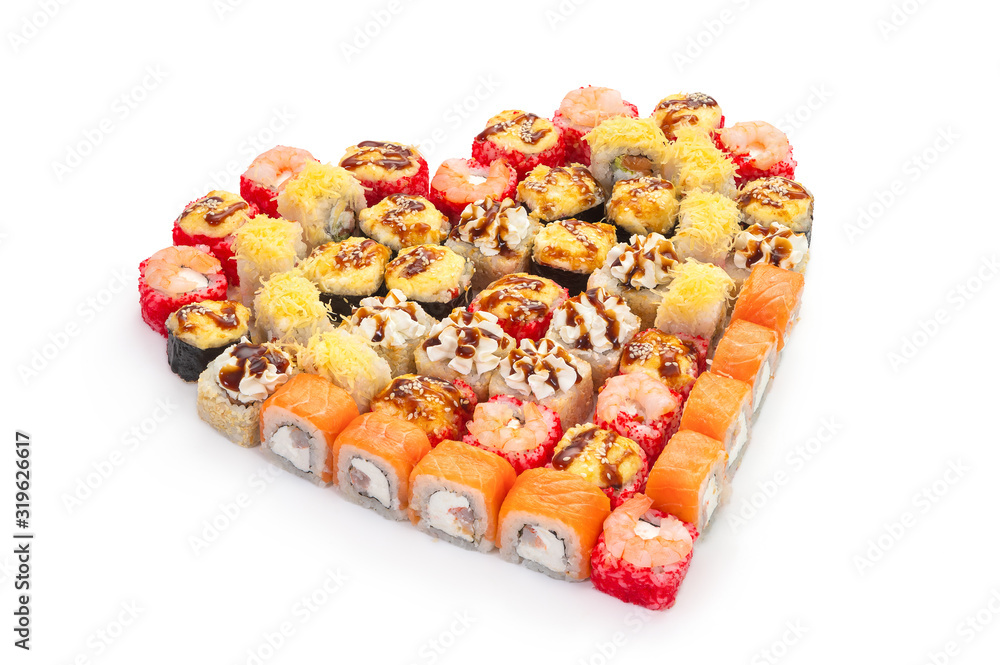 Valentine's day. Set with heart-shaped rolls and for lovers on Valentine's day. February 14. Delicious and healthy Japanese cuisine. Heart isolated on white background Valentine's day. Set with heart-shaped rolls and for lovers on Valentine's day. February 14. Delicious and healthy Japanese cuisine. Heart isolated on white background