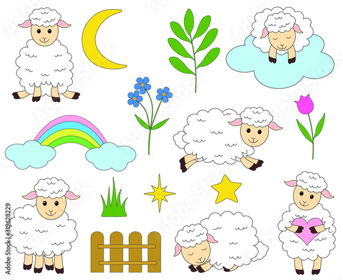  Set of cute lambs illustrations vector flowers rainbow moon stars