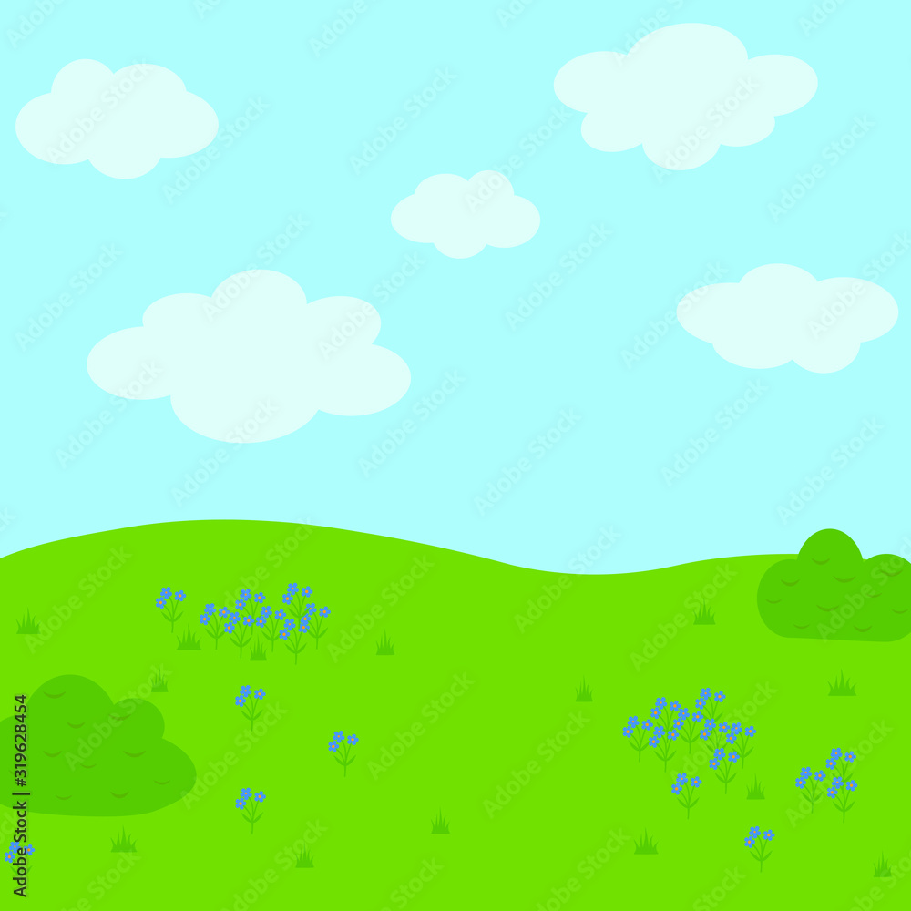 Landscape vector illustration field with flowers sky clouds