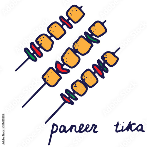 Hand drawn isolated indian food icon. Color fill illustration of indian dish. Paneer tikka icon. Cottage cheese chunks.