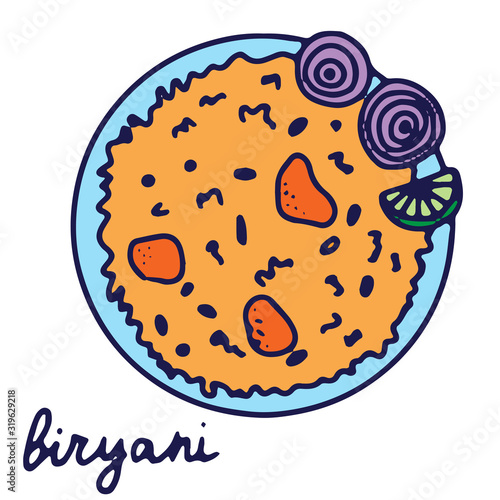 Hand drawn isolated indian food icon. Color fill illustration of indian dish. Indian biryani rice plate. Mixed rice dish.
