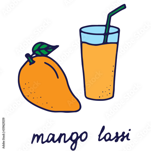 Hand drawn isolated indian food icon. Color fill illustration of indian drink. Mango shake icon. Mango lassi. Mango and the glass.