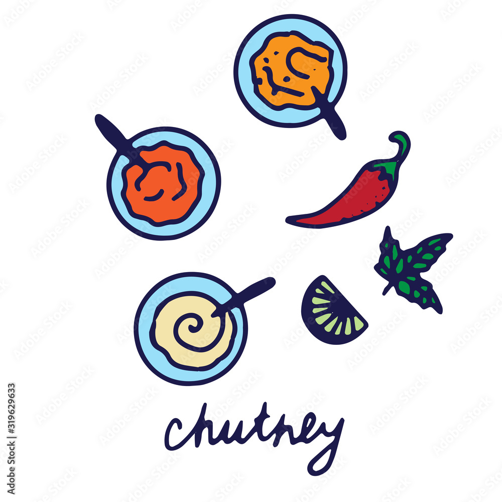 Hand drawn isolated indian food icon. Color fill illustration of indian dish. Variety of indian sauces - chuntey. Chutneys.