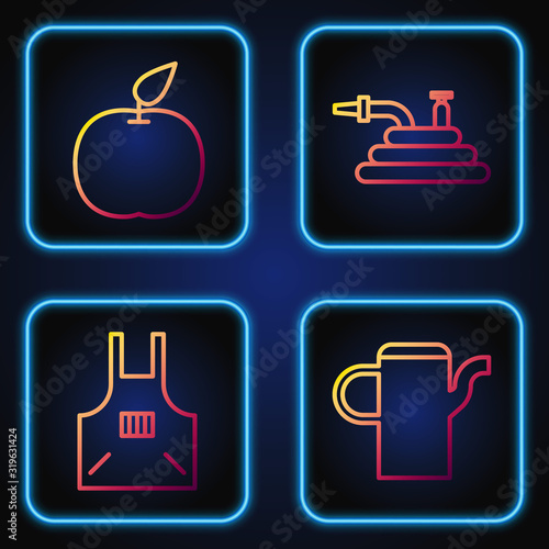 Set line Watering can, Kitchen apron, Apple and Garden hose or fire hose. Gradient color icons. Vector