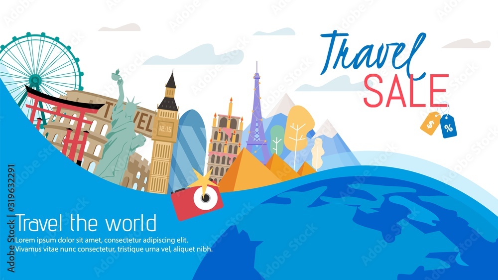 Naklejka premium Travel Agency Tours Sale, Vacation Trip Price Off Offer Trendy Flat Vector Ad Banner, Promo Poster Template. Worlds Famous Touristic Attractions, Historical Buildings and Monuments Illustration