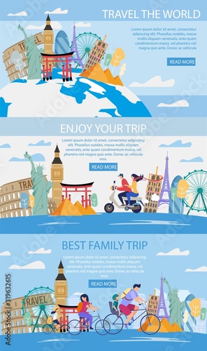 Travel Agency World Trips, Family Journey, Romantic Travel in Foreign Country Trendy Flat Vector Horizontal Web Banners, Landing Pages Templates Set. People Visiting Famous Attractions Illustration
