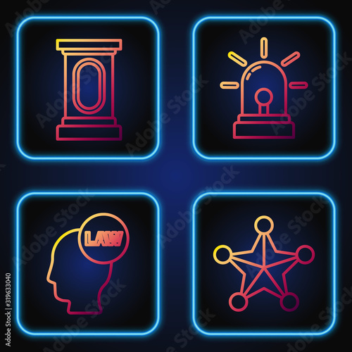 Set line Hexagram sheriff, Head with law, Stage stand or debate podium rostrum and Flasher siren. Gradient color icons. Vector