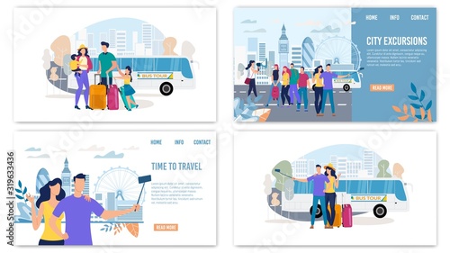 City Excursions, Traveling with Bus Tours Trendy Flat Vector Horizontal Web Banners, Landing Pages Set. Tourists Group, Family Members, Couple in Love Making Selfie in Vacation Journey Illustration