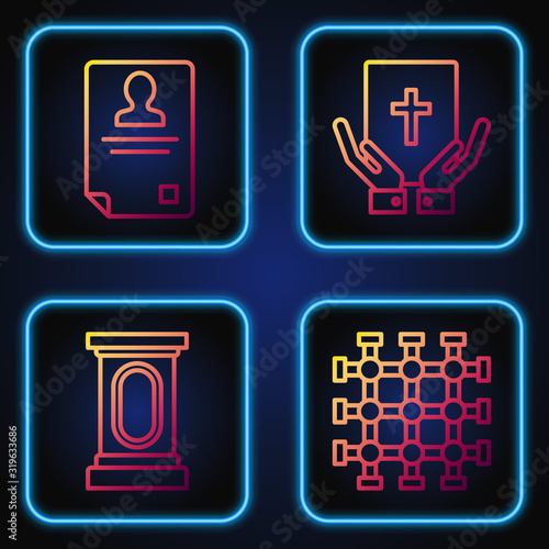 Set line Prison window, Stage stand or debate podium rostrum, Identification badge and Oath on the Holy Bible. Gradient color icons. Vector