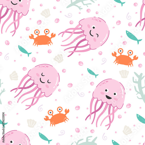 Adorable little pink jellyfish seamless pattern