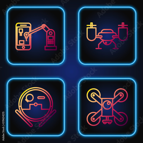 Set line Drone flying with action camera, Robot vacuum cleaner, Industrial machine robotic robot arm hand and Drone flying with action camera. Gradient color icons. Vector