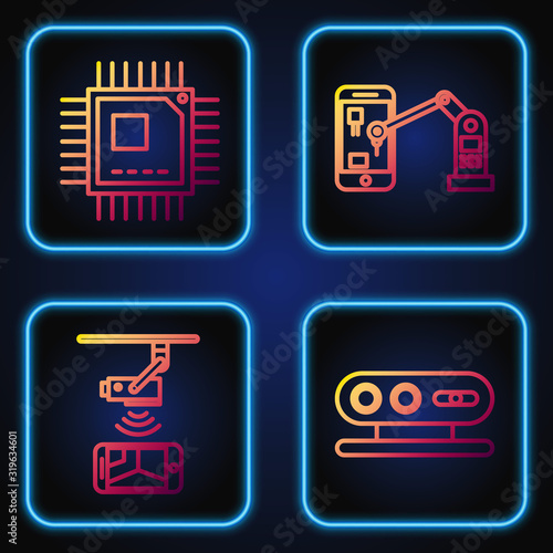 Set line 3d scanning system, Wireless Controlling CCTV security camera, Processor with microcircuits CPU and Industrial machine robotic robot arm hand. Gradient color icons. Vector