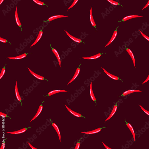 Vector seamless pattern with red hot chili peppers on dark red; vegetable design for fabric, wallpaper, package, textile, web design.