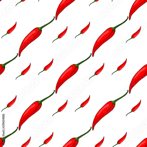 Seamless pattern with stylish little red hot chili peppers on white background for fabric, textile, clothes, tablecloth and other things. Vector image.