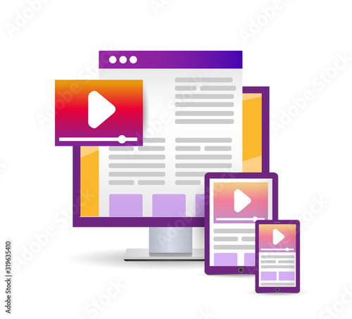 Bright Flat illustration design website. concept cross platform. Vector icons electronic devices. smartphone, tablet and desktop computer.