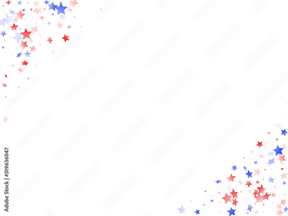 Flying red blue white star sparkles on white vector american patriotic background. Flying red blue white star sparkles on white vector american patriotic background.