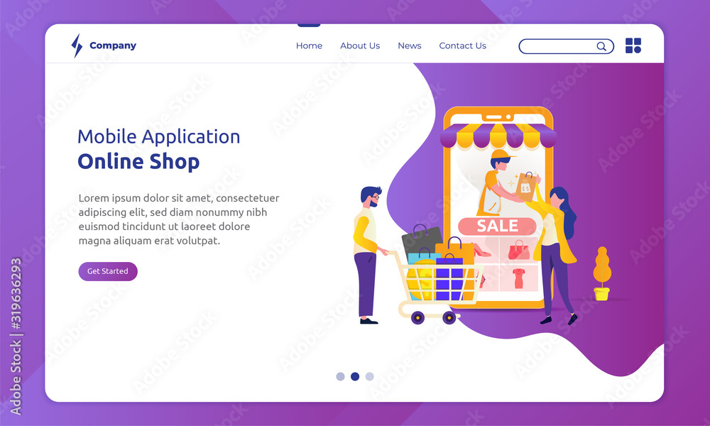 Illustration of mobile application for online shop on landing page