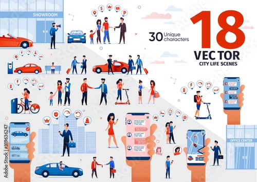 City Life Scenes, Urban Transport, Automobile Purchasing and Owning, Online Messaging with Cellphone Trendy Flat Vector Set. People Buying Car, Riding Scooter, Chatting in Messenger Illustrations
