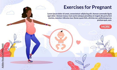 Fitness Club, Courses for Pregnant Trendy Flat Vector Web Banner, Landing Page Template. Pregnant African-American Woman, Future Mother Doing Exercises Outdoors, Leading Active Life Illustration