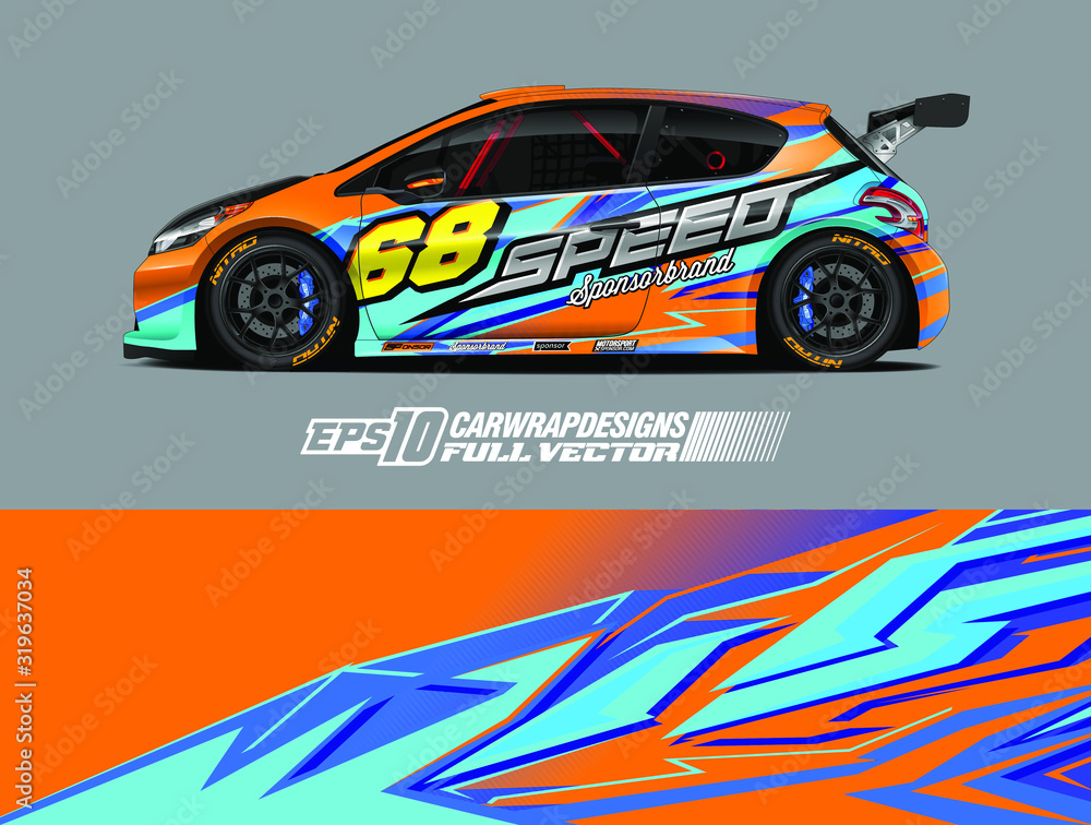 Vehicle graphic livery design vector. Graphic abstract stripe racing background designs for wrap cargo van, race car, pickup truck and adventure. Full vector Eps 10. Vehicle graphic livery design vector. Graphic abstract stripe racing background designs for wrap cargo van, race car, pickup truck and adventure. Full vector Eps 10.