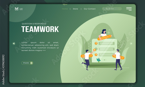 Illustration of question and response with teamwork concept on landing page