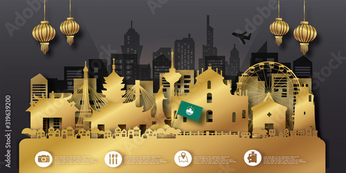 Macau Travel postcard, poster, tour advertising of world famous landmarks in paper cut style. Vectors illustrations