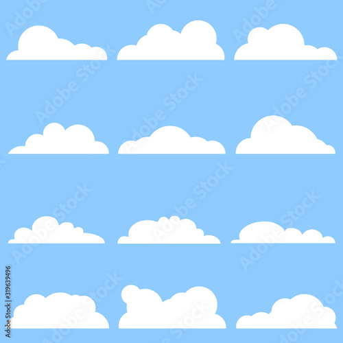 Clouds, set of white clouds isolated on a blue background. Vector, cartoon illustration of a cloud.