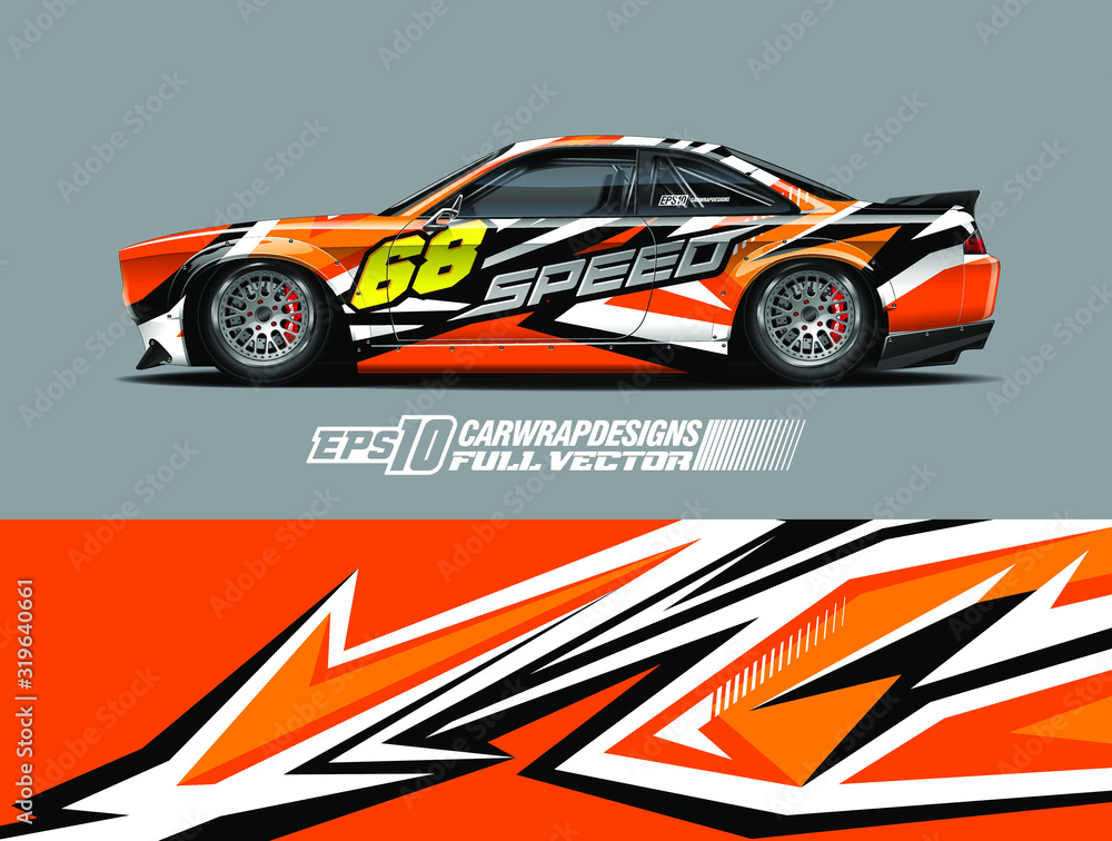 Vehicle graphic livery design vector. Graphic abstract stripe racing background designs for wrap cargo van, race car, pickup truck and adventure. Full vector Eps 10. Vehicle graphic livery design vector. Graphic abstract stripe racing background designs for wrap cargo van, race car, pickup truck and adventure. Full vector Eps 10.