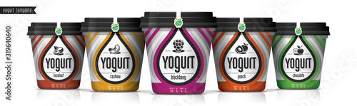 Yogurt vector packaging design. Fruit and nuts yogurt set.