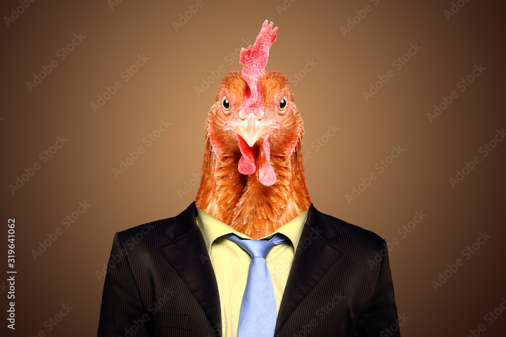 Portrait of a rooster in a business suit on a brown background