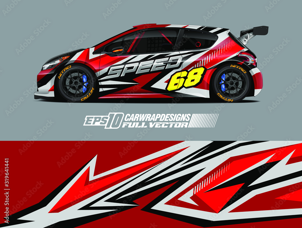 Fototapeta premium Vehicle graphic livery design vector. Graphic abstract stripe racing background designs for wrap cargo van, race car, pickup truck and adventure. Full vector Eps 10.