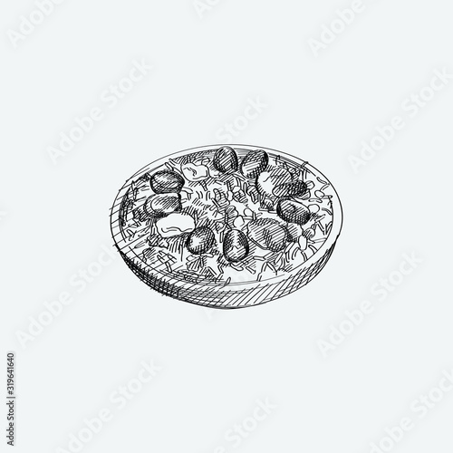 Hand-drawn vintage sketch of Azerbaijani national meal known as plov or pilaf. Simple Azerbaijan pilaf made of rice and dried fruits such as apricots, plums, chestnuts on top of the rice.