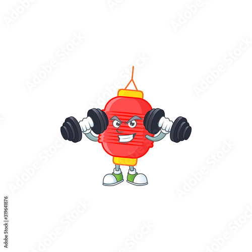 Fitness exercise chinese lantern mascot icon with barbells