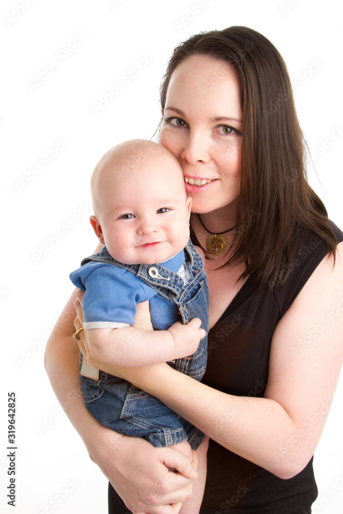 Working mother with baby on white background Working mother with baby on white background