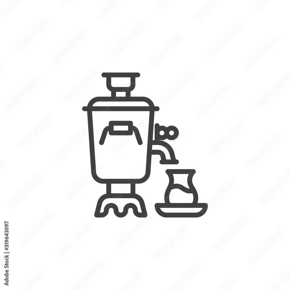 Traditional tea samovar line icon. linear style sign for mobile concept and web design. Azerbaijan Samovar and tea glass outline vector icon. Symbol, logo illustration. Vector graphics Traditional tea samovar line icon. linear style sign for mobile concept and web design. Azerbaijan Samovar and tea glass outline vector icon. Symbol, logo illustration. Vector graphics