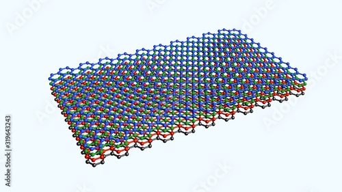 Graphene layering , stacking . Hexagon layers stacked on top of each other.  Nanomaterials, supermaterials . 3d rendering illustration photo