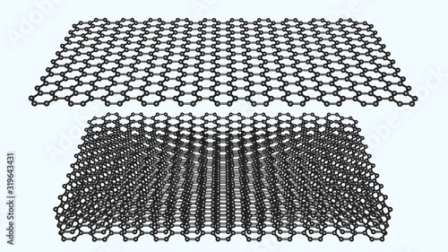 Fototapeta Naklejka Na Ścianę i Meble -  Graphene layering , stacking . Hexagon layers stacked on top of each other.  Nanomaterials, supermaterials . 3d rendering illustration