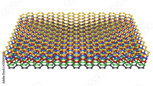 Graphene layering , stacking . Hexagon layers stacked on top of each other.  Nanomaterials, supermaterials . 3d rendering illustration photo