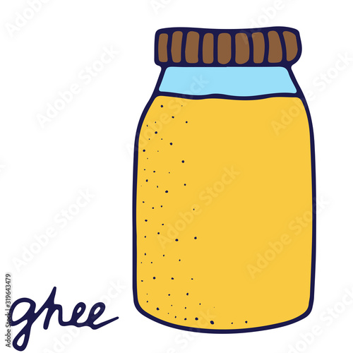 Hand drawn isolated indian food icon. Color fill illustration of indian melted butter. Ghee jar. Drawn butter.