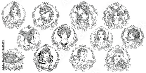 12 zodiac signs hand drawn vector