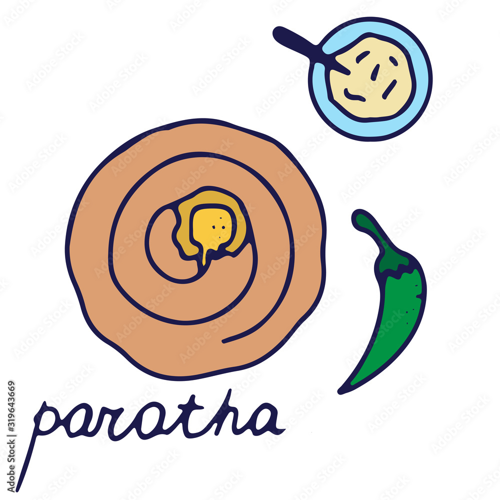Hand drawn isolated indian food icon. Color fill illustration of indian flat bread. Paratha. Hand drawn isolated indian food icon. Color fill illustration of indian flat bread. Paratha.