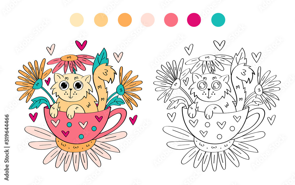 Cat in cup with flowers and hearts. Cute vector hand drawn doodle vector illustration, coloring page. Spring, summer mood. Funny animal children art. Little kitten art. Isolated on white background. Cat in cup with flowers and hearts. Cute vector hand drawn doodle vector illustration, coloring page. Spring, summer mood. Funny animal children art. Little kitten art. Isolated on white background.