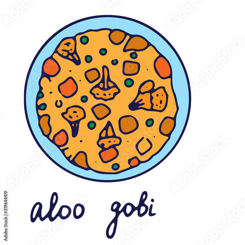 Hand drawn isolated indian food icon. Color fill illustration of indian dish. Aloo gobi bowl. Cauliflower dish.