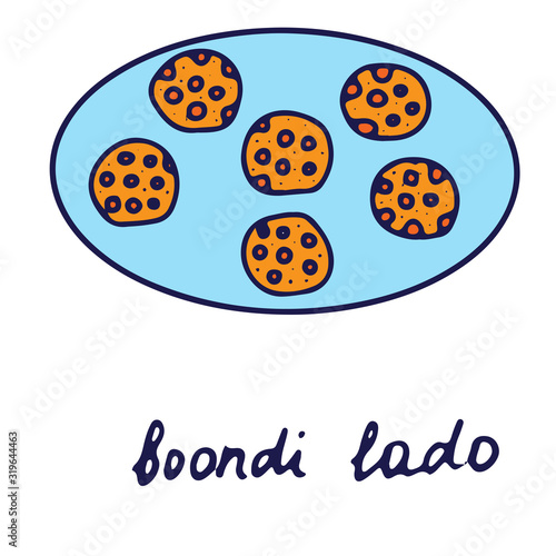 Hand drawn isolated traditional indian food icon. Color fill illustration of indian sweets. Boondi ladoo icon.